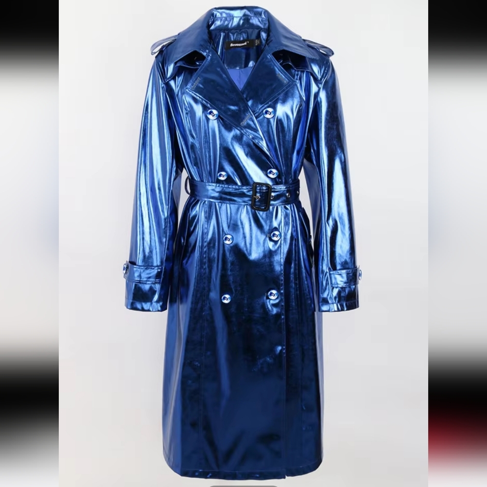 Long Shiny Reflective PatentLeather Trench Coat for Women Sashes Double Breaste